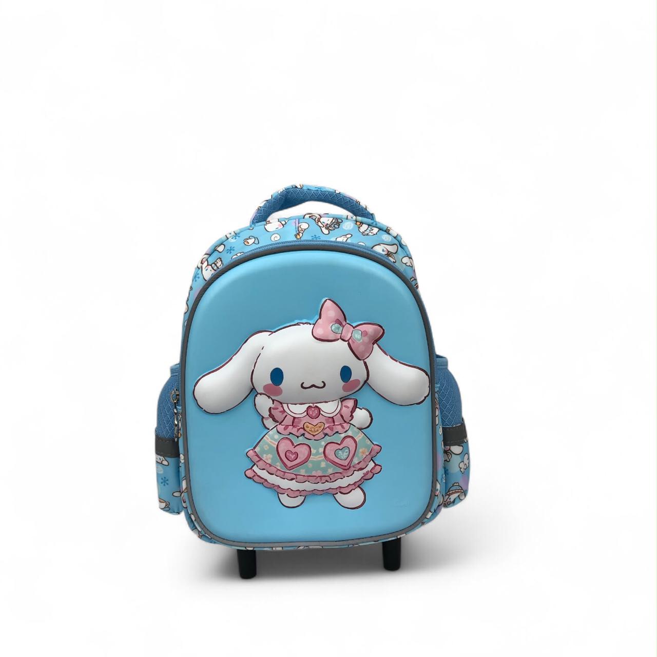 Blue character trolley backpack with wheels, front zipper and bow graphic